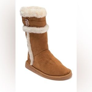 KIDS' GIRL BEBE TALL FAUX FUR EMBELLISHED BOOT IN COGNAC BROWN SIZE 1 BRAND NEW